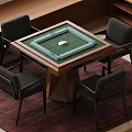 Modern Wooden Mahjong Entertainment Table With Green Mat And Four Black Chairs On Red Carpet