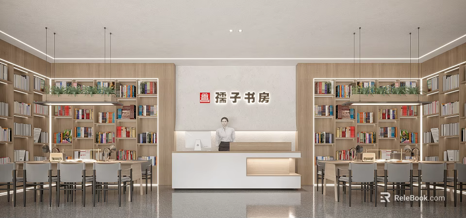 Book Art Inspired Study Room Interior With Wooden Bookshelves And Reception Desk 3d model 