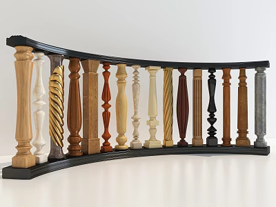 Curved Fence Featuring Various Wooden And Metal Balusters With Different Decorative Designs 3d model