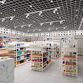 Spacious Well Lit Retail Store With Grid Ceiling And Colorful Product Shelves