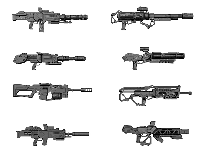 Black And White Illustrations Of Various Military Weapons Including Rifles And Sniper 3d model