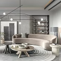 Modern Living Room Beige Curved Sofa Wooden Coffee Table Set With Round Rug