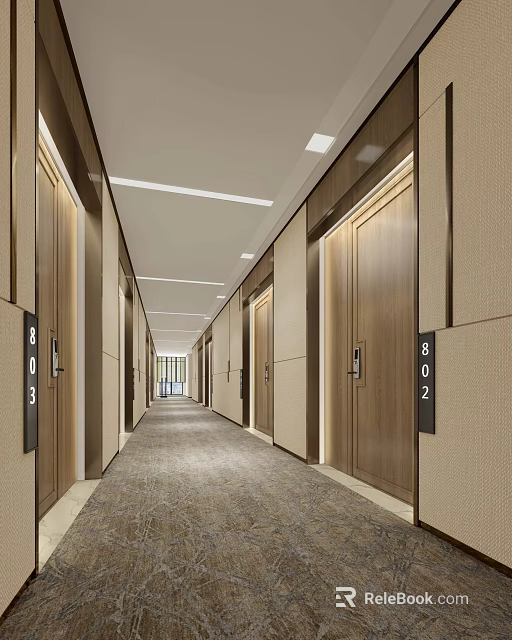 Modern Hotel Corridor With Wooden Room Doors Ceiling Lights And Room Numbers 3d model 