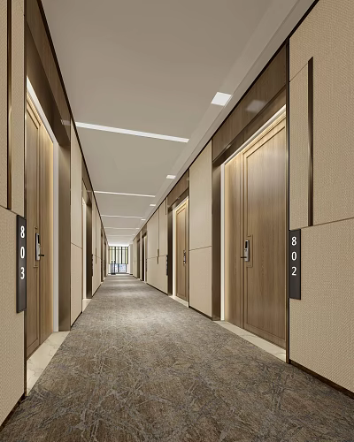 Modern Hotel Corridor With Wooden Room Doors Ceiling Lights And Room Numbers 3d model