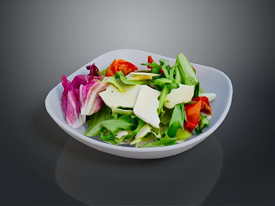 Fresh Salad with Green Lettuce Red Tomatoes Purple Radicchio and White Cheese in White Bowl 3d model