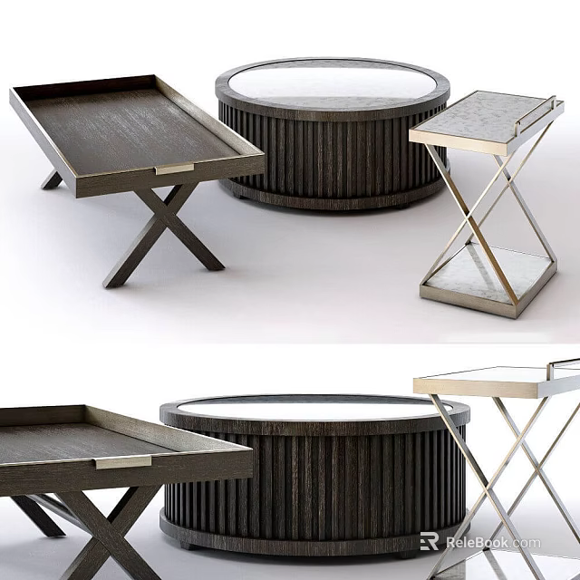 Modern Coffee Table Collection With Round Ribbed Tray Top And X Shaped Metal Legs 3d model 