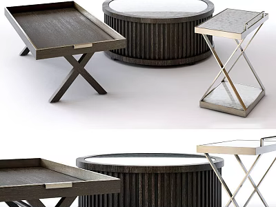 Modern Coffee Table Collection With Round Ribbed Tray Top And X Shaped Metal Legs 3d model