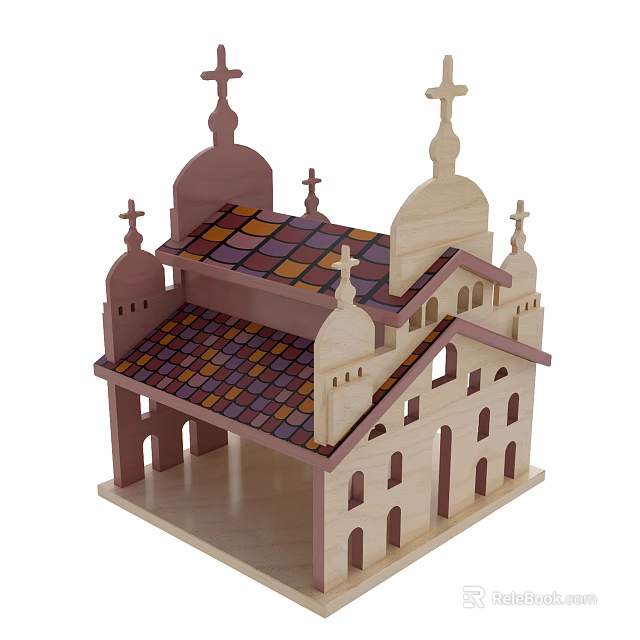 Wooden Church Model With Multiple Spires Crosses And Colorful Tiled Roof 3d model 