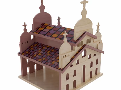 Wooden Church Model With Multiple Spires Crosses And Colorful Tiled Roof 3d model