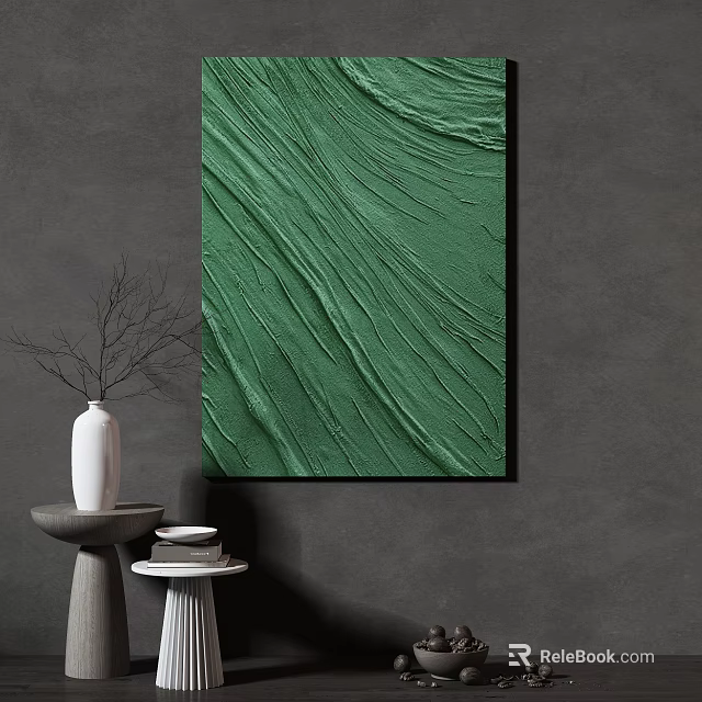 Green Textured Painting On Gray Wall With White Vase And Small Table 3d model 
