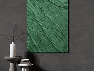 Green Textured Painting On Gray Wall With White Vase And Small Table 3d model
