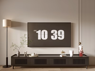 Modern Dark Wood TV Stand With Vase Ornaments Cup And Floor Lamp In Living Room 3d model