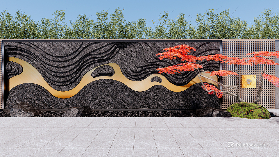 Black Stone Feature Wall With Golden Wavy Patterns Red Maple Tree And Perforated Panel 3d model 