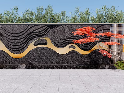 Black Stone Feature Wall With Golden Wavy Patterns Red Maple Tree And Perforated Panel 3d model