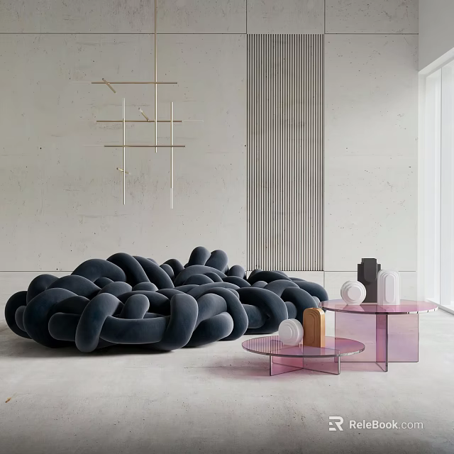 Oversized Blue Knotted Bean Bag in Minimalist Space with Pink Side Tables and Metallic Wall Decor 3d model 