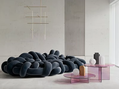 Oversized Blue Knotted Bean Bag in Minimalist Space with Pink Side Tables and Metallic Wall Decor 3d model