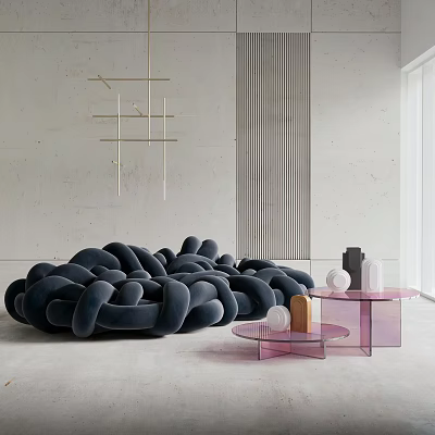 Oversized Blue Knotted Bean Bag in Minimalist Space with Pink Side Tables and Metallic Wall Decor 3d model