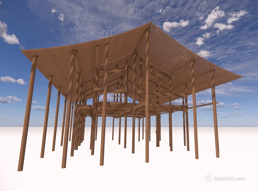 Wooden Columns Supporting Open Roof Structure Under Blue Sky With White Clouds 3d model