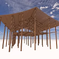 Wooden Columns Supporting Open Roof Structure Under Blue Sky With White Clouds 3d model