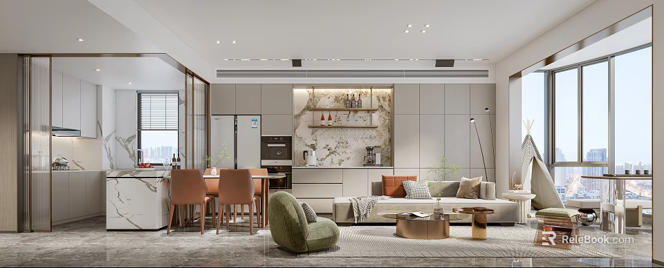 Modern Living Dining Area Interior Design With Open Layout Sofa Wine Rack And Dining Table 3d model