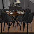 Modern Dining Room Featuring Round Wooden Table Gray Upholstered Chairs And Arranged Tableware