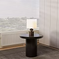 White Shade Table Lamp on Round Black Side Table with Window Blinds and Radiator 3d model
