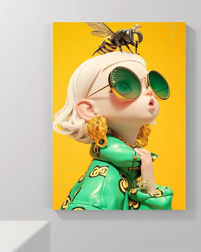 Cartoon Character Portrait With Green Sunglasses Gold Earrings Green Coat Gold Patterns And Yellow Background 3d model