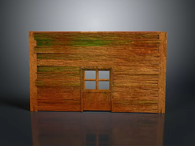 Rustic Wooden Building With Green Textured Wall Door And Glass Window 3d model