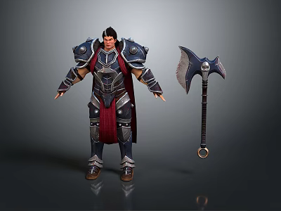 Armored Warrior Character With Red Cape And Large Battle Axe Design 3d model