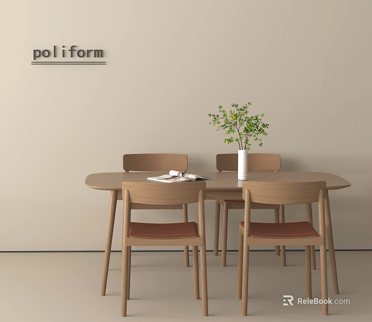 Wooden Leisure Chairs with Brown Seat Cushions in Beige Wall Dining Area Green Plant Vase 3d model 