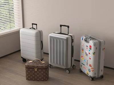 Stylish Travel Luggage Set With Gray Stickered Suitcases And Brown Patterned Hand Case 3d model