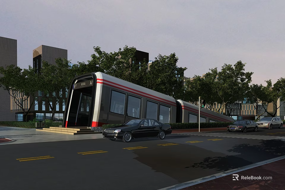 Modern Urban Subway Station Entrance Beside Road With Parked Cars And Lush Green Trees 3d model 