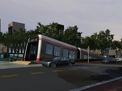 Modern Urban Subway Station Entrance Beside Road With Parked Cars And Lush Green Trees 3d model