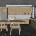 Modern Kitchen Interior With Wooden Cabinets Dining Table Chairs And Gray Flooring
