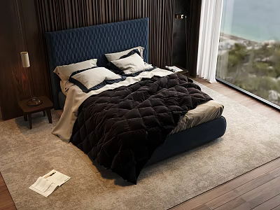 Modern Bedroom Double Bed With Dark Quilt Navy Blue Tufted Headboard And Sea View 3d model