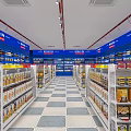 Supermarket Grocery Store Interior With Blue Shelves Matryoshka Dolls And Checkout Counters