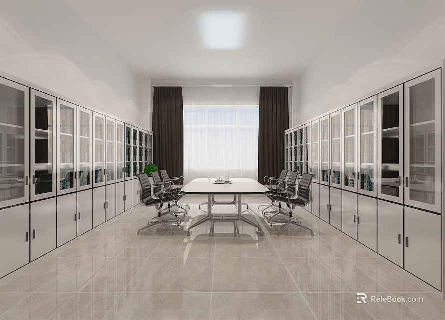 Modern Conference Room Interior Design With Long Table Office Chairs Glass Cabinets And Large Window 3d model 