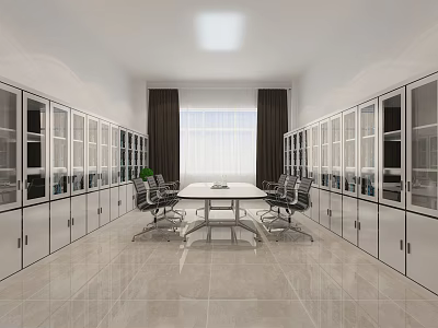 Modern Conference Room Interior Design With Long Table Office Chairs Glass Cabinets And Large Window 3d model
