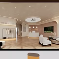 Modern Yoga Studio Reception Area with White Sofa Wooden Flooring Pendant Lights TV Clothing Rack