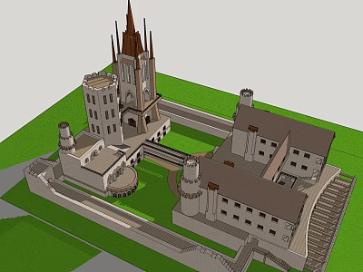 Ancient Castle Architectural Design With Spires Towers Walls And Green Courtyard 3d model