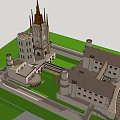 Ancient Castle Architectural Design With Spires Towers Walls And Green Courtyard