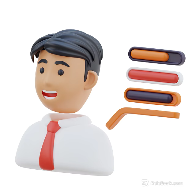 Cartoon Man With Black Hair In White Shirt Red Tie And Colorful Sliders 3d model 