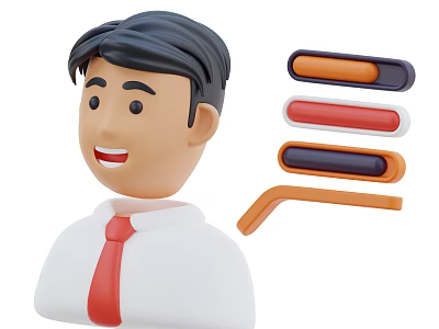 Cartoon Man With Black Hair In White Shirt Red Tie And Colorful Sliders 3d model