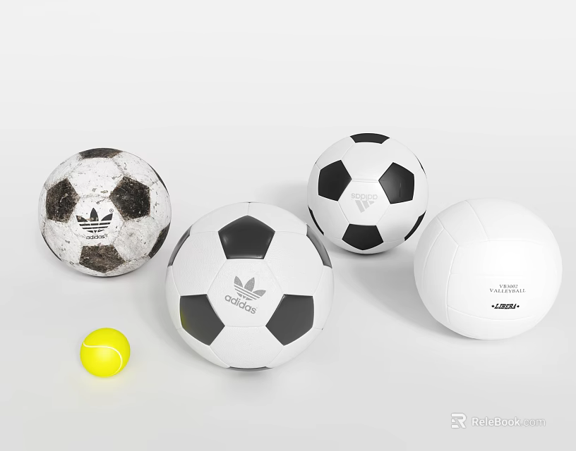 Sports Equipment Collection Featuring Adidas Footballs Wilson White Volleyball And Yellow Tennis Ball 3d model 