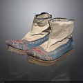 Traditional Chinese Embroidered Shoes With Blue Cloth Upper Pink Patterns And Wooden Soles