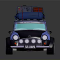 Blue Compact Car With Roof Rack Carrying Red And Blue Luggage Bags And Round Headlights