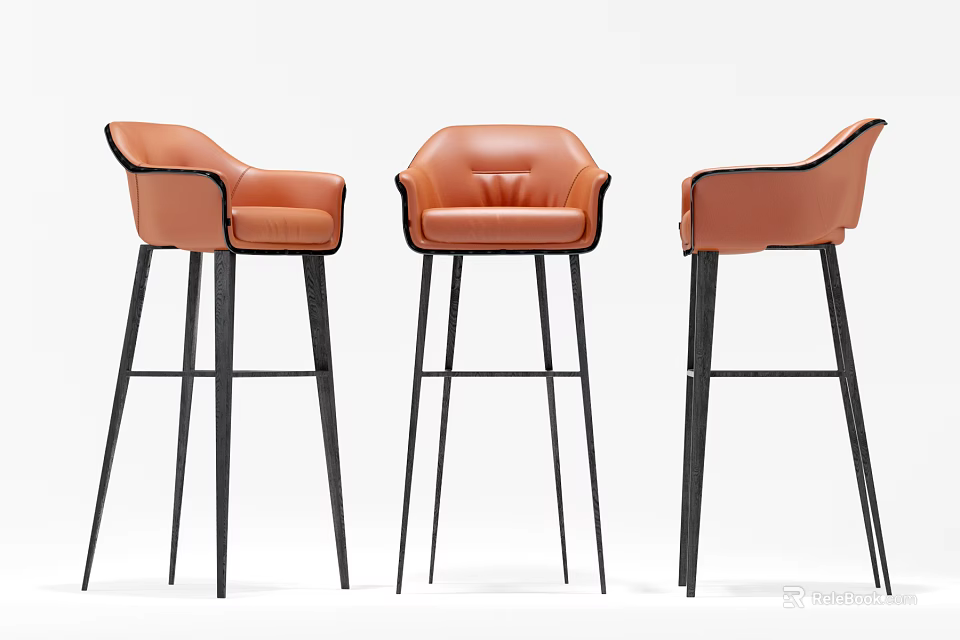 Three Modern Orange Leather Bar Stools With Black Legs And Sleek Design 3d model