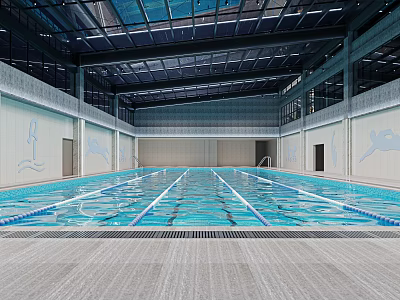 Spacious Indoor Swimming Pool With Blue Water Lane Lines And Glass Roof Design 3d model