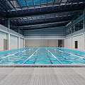 Spacious Indoor Swimming Pool With Blue Water Lane Lines And Glass Roof Design