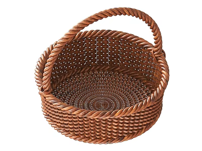 Handwoven Round Brown Basket With Handle For Household Storage Use 3d model